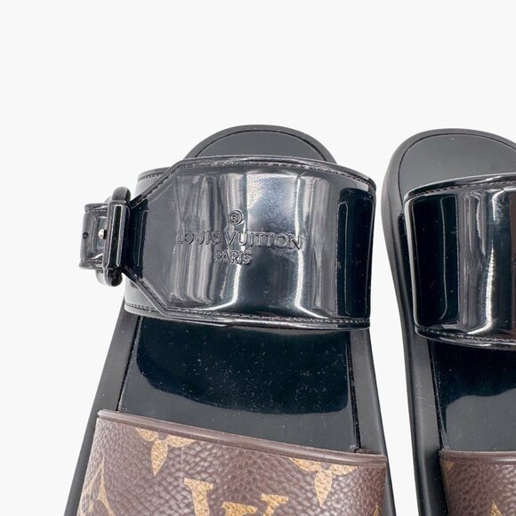 Louis Vuitton Sunbath Mule Slide Sandals Black Rubber Size 38 US 8 Women LV Logo - Picture 5 of 15